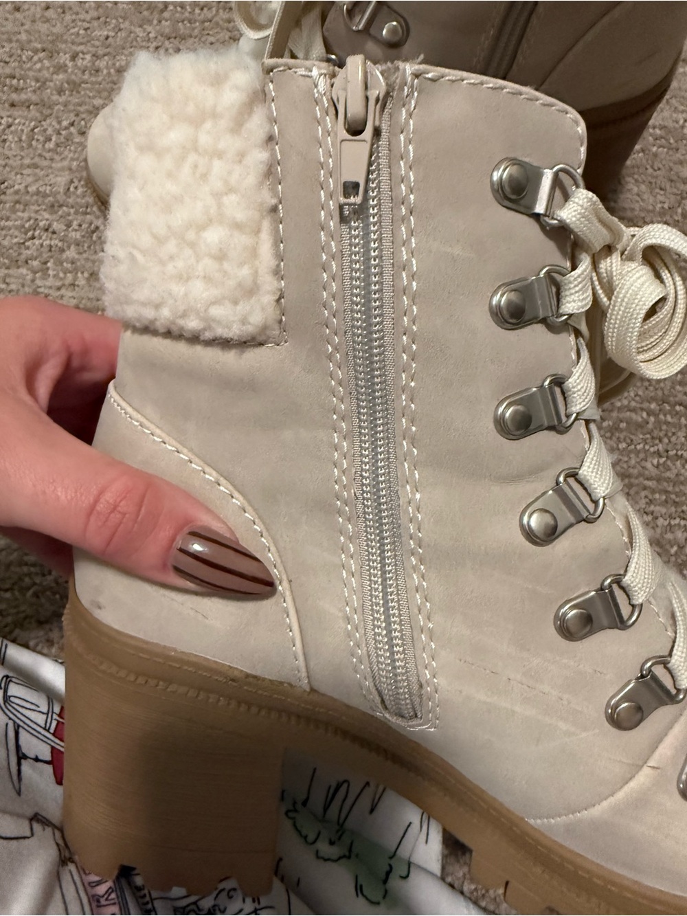 Soda Cream Lace-Up Sherpa Block Heel Ankle Boots - Picture 5 of 5